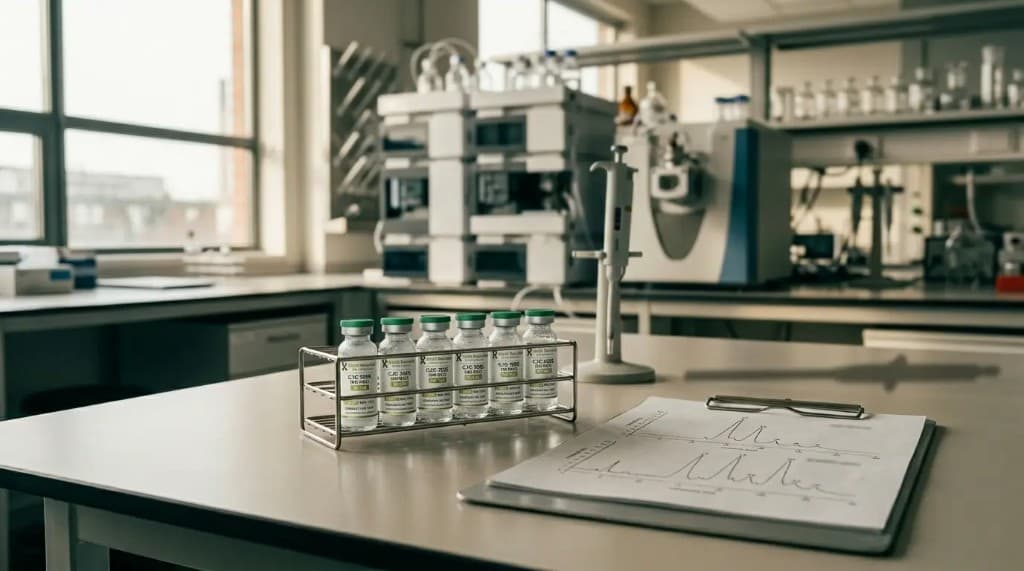 Modern pharmaceutical and analytical chemistry laboratory with research peptide vials, chromatography printout on a clipboard, pipette stand, and HPLC or LC-MS instrumentation—representing data-driven RUO peptide quality control.