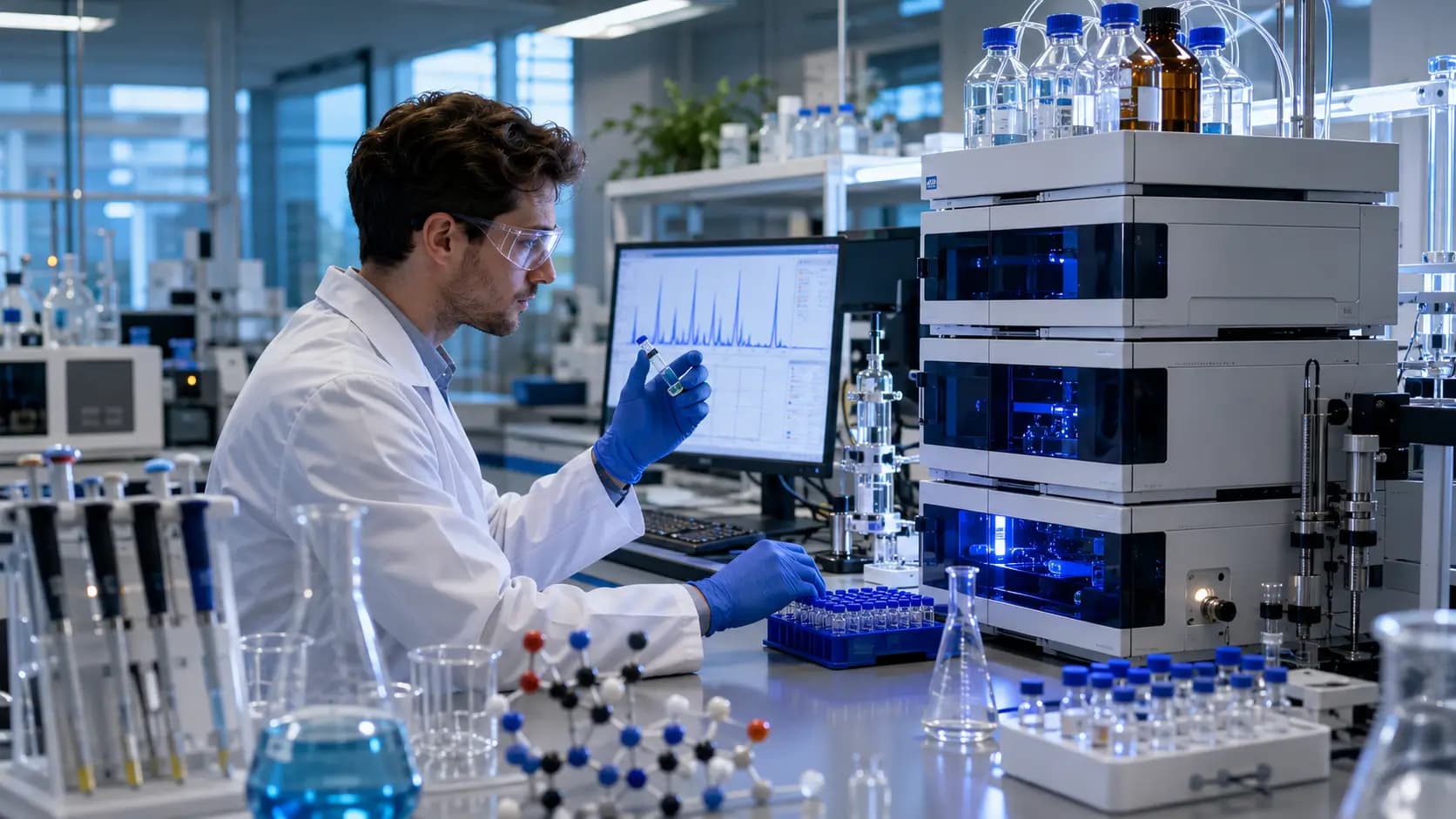 A laboratory setting depicting peptide purity analysis, featuring a scientist examining samples with advanced analytical equipment. Focus on peptide purity.