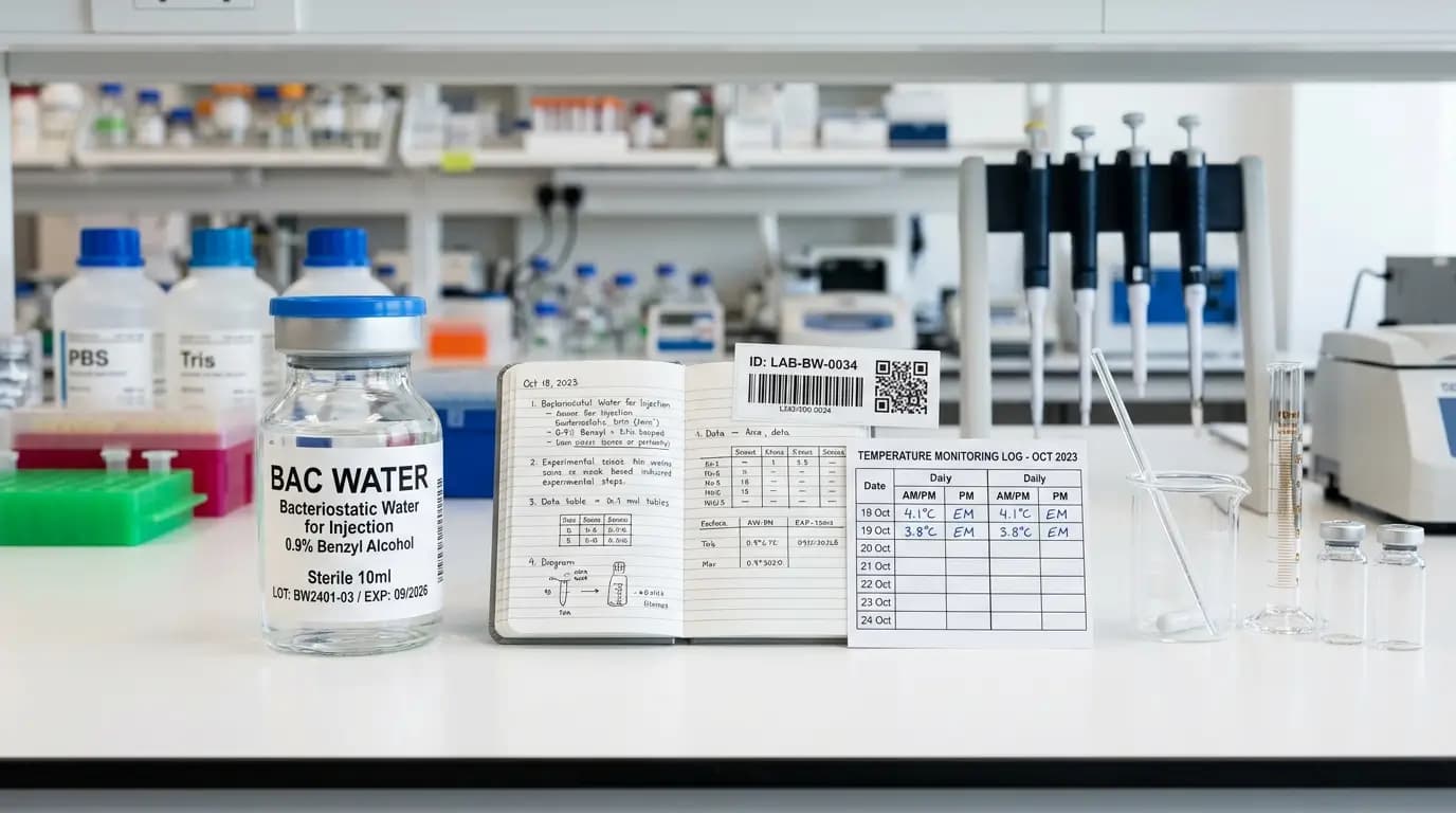 bac water vial on a clean laboratory bench with notebook and storage log