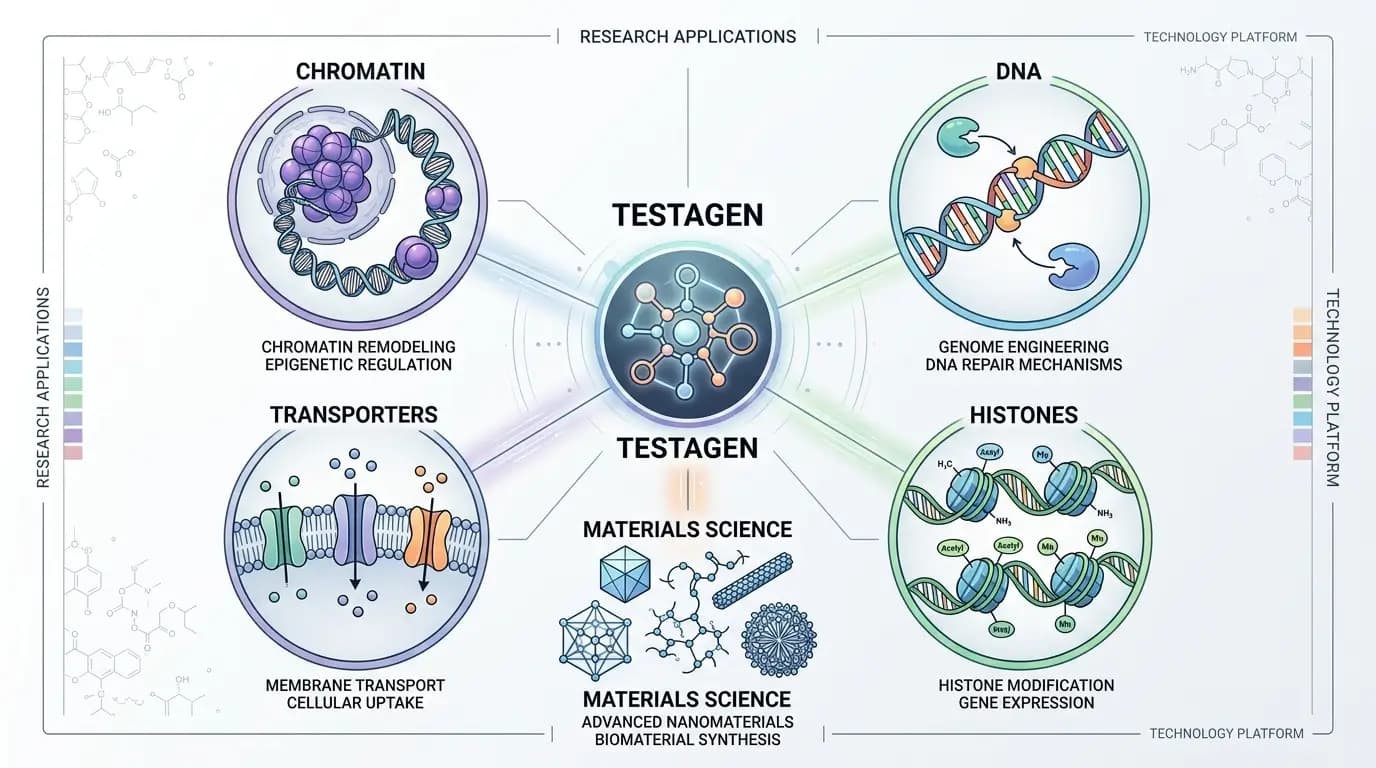 Research Areas That Mention Testagen testagen research areas diagram with chromatin and transporter themes