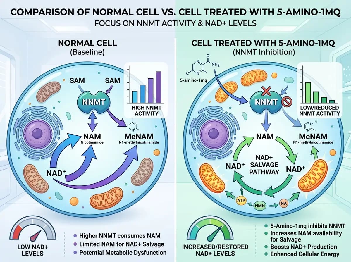 5-Amino-1MQ Cell Comparison and NNMT Pathway Infographic Scientific infographic comparing a normal cell and a 5-Amino-1MQ cell model, showing NNMT activity, NAM, MeNAM, and NAD plus pathway diagrams