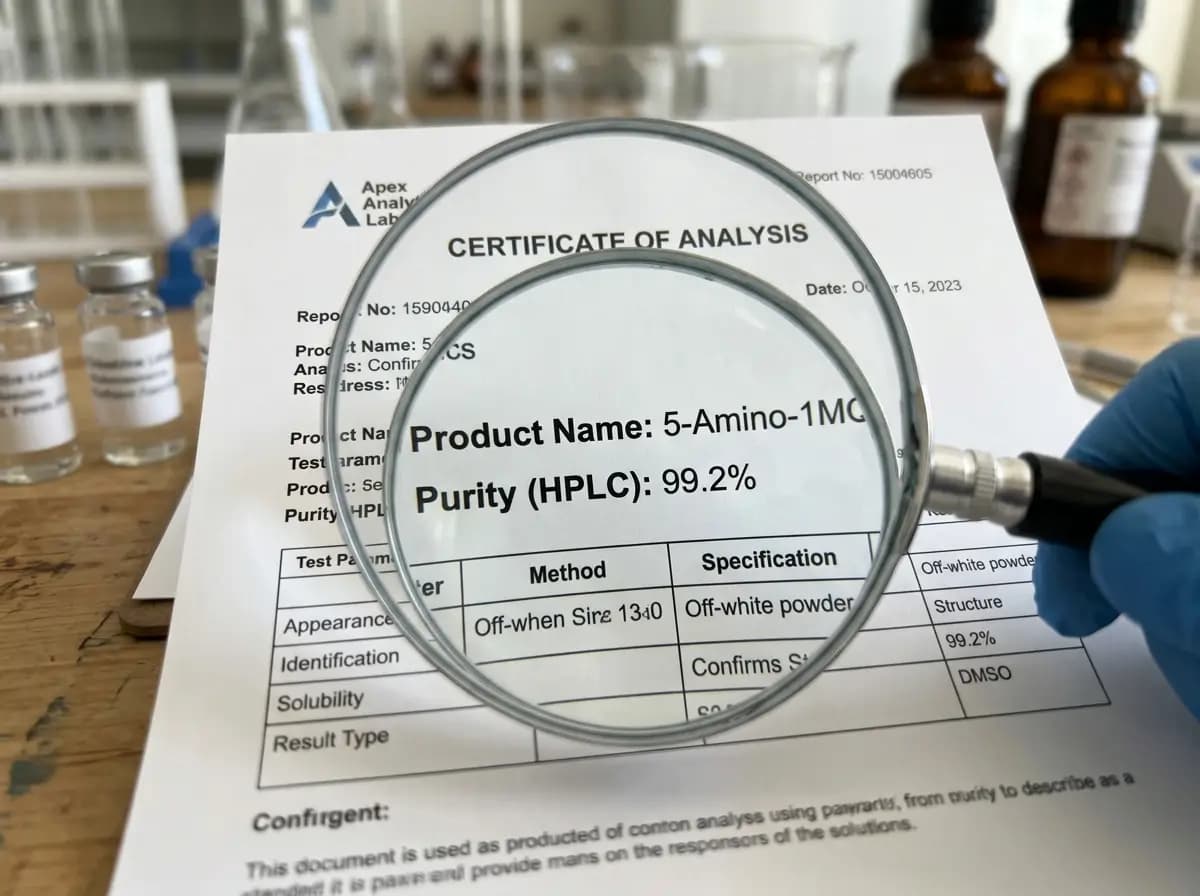 5-Amino-1MQ Certificate of Analysis and Purity Document Laboratory image showing a certificate of analysis for 5-Amino-1MQ under a magnifying glass, with purity details and sample vials in the background