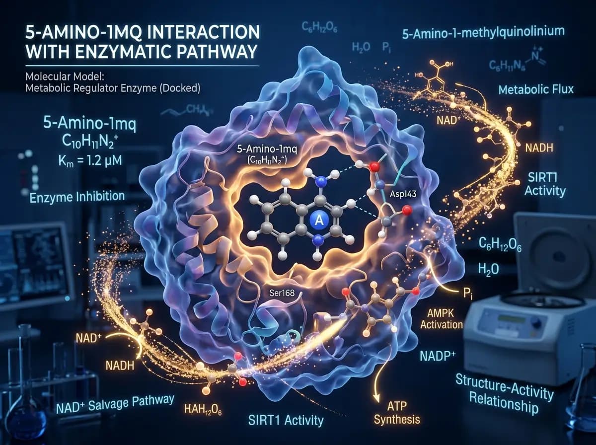 Scientific diagram showing 5-Amino-1MQ interaction with an enzymatic pathway, molecular docking model, and labeled biochemical activity markers