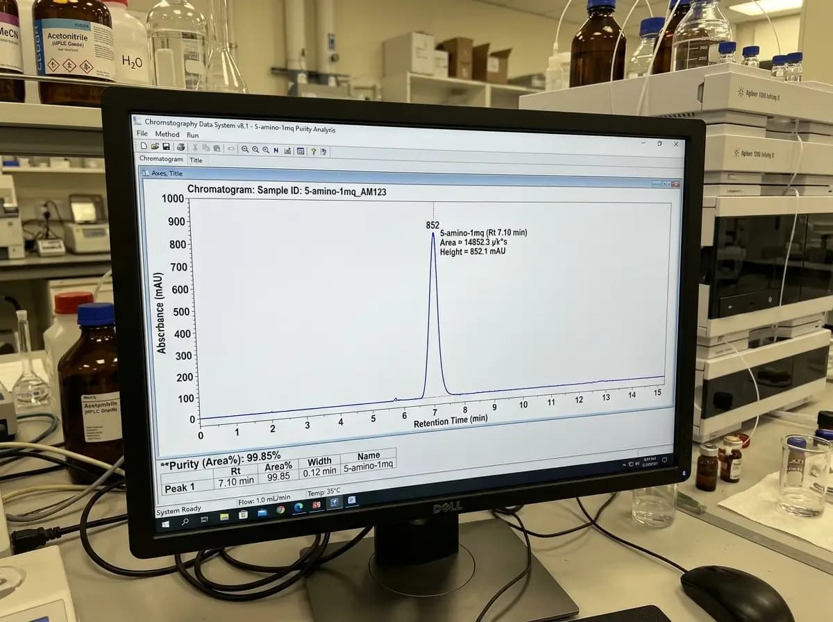 5-Amino-1MQ HPLC Purity Analysis Screen Laboratory monitor displaying an HPLC purity analysis chromatogram for 5-Amino-1MQ with a prominent peak and analytical equipment in the background