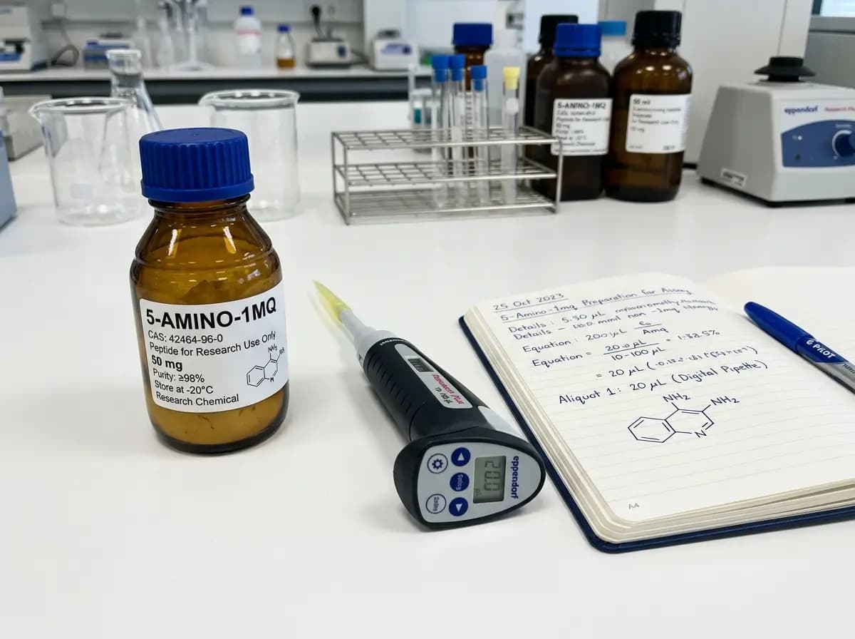 5-Amino-1MQ Laboratory Bottle and Research Workspace Laboratory image showing a 5-Amino-1MQ bottle on a research bench with a digital pipette, notebook, and scientific equipment in the background