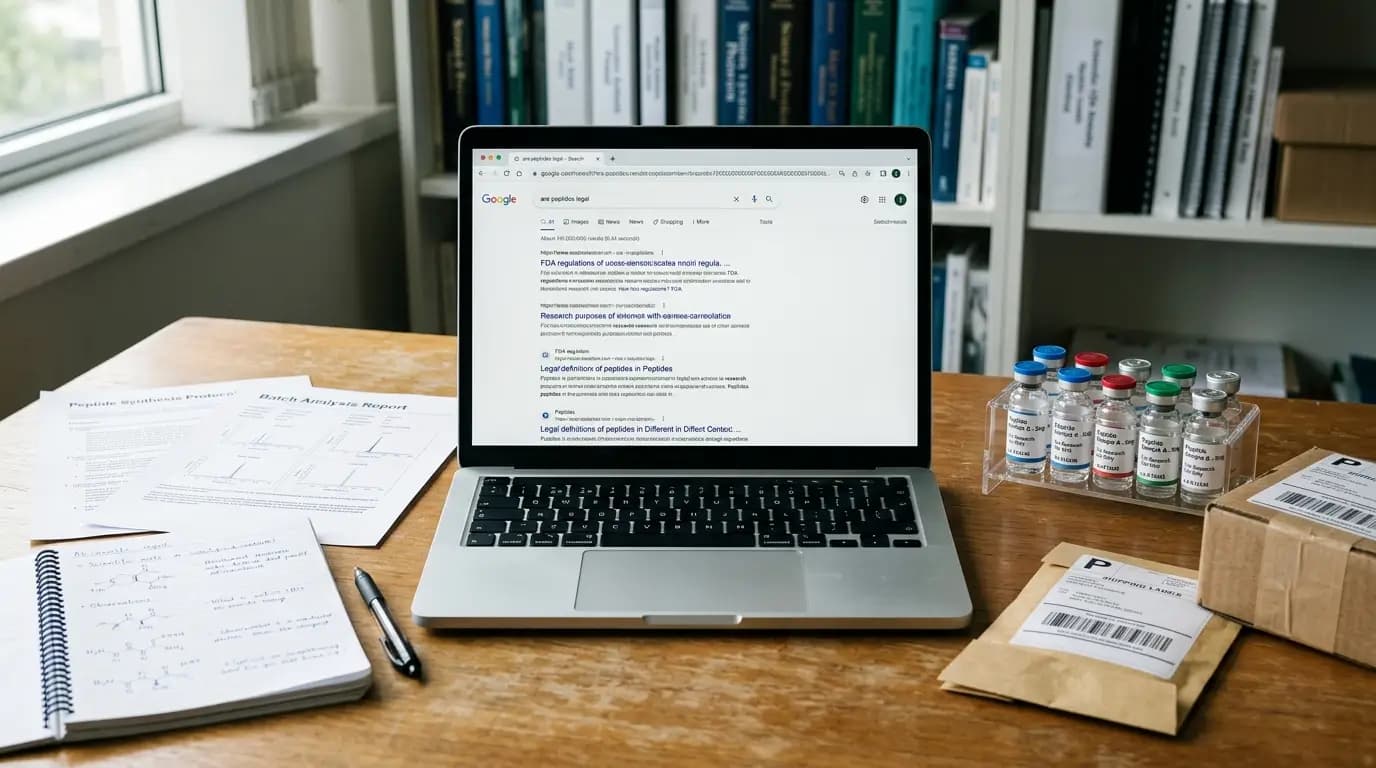 Are Peptides Legal Research Desk Scene Realistic desk scene with a laptop showing a search about whether peptides are legal, surrounded by lab documents, shipping labels, a notebook, and sealed research vials