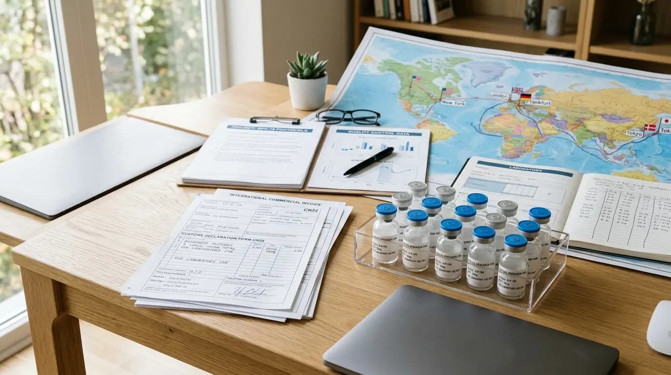 International Shipping Paperwork and Research Vials Desk Scene Realistic editorial photo showing international shipping paperwork, customs declaration forms, a world map, sealed research vials, and organized laboratory documents on a clean desk