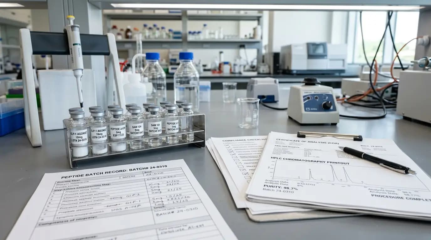 Peptide Research Vials with Batch Records and COA Documents Realistic laboratory editorial photo showing peptide research vials beside batch records, COA documents, chromatography printouts, and a compliance checklist on a clean lab bench