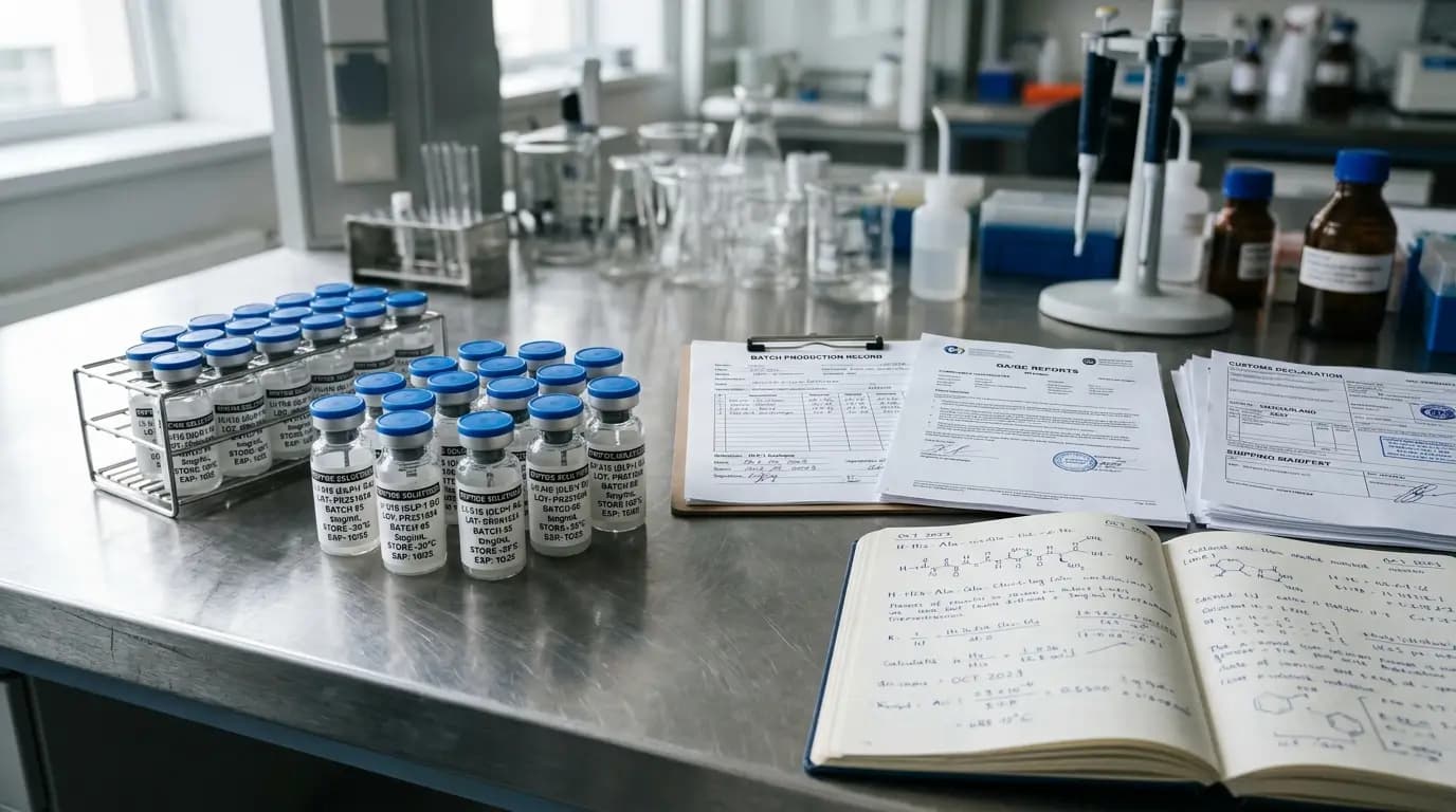 Realistic laboratory editorial photo showing sealed peptide research vials on a stainless steel bench beside compliance documents, batch paperwork, customs forms, and an open notebook
