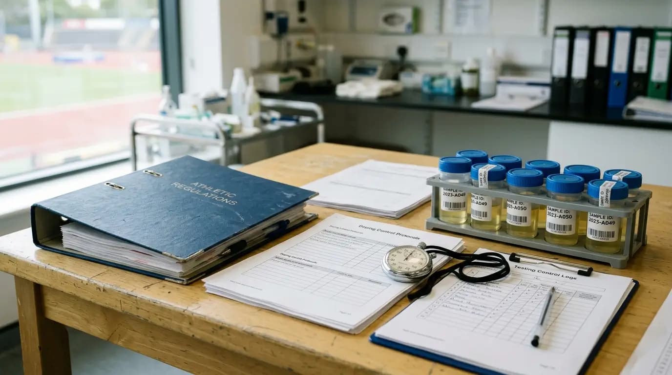 Sports Regulations and Laboratory Sample Review Desk Scene Realistic editorial photo showing a sports regulations binder, testing paperwork, a stopwatch, and neutral laboratory sample containers on a clean table