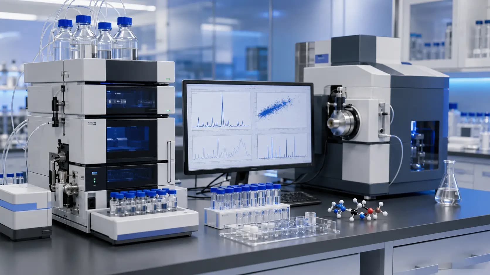 Analyse par chromatographie en laboratoire | Peptide Researches Instruments de chromatographie en laboratoire avec flacons d’échantillons, bouteilles de solvant et écran affichant des graphiques analytiques