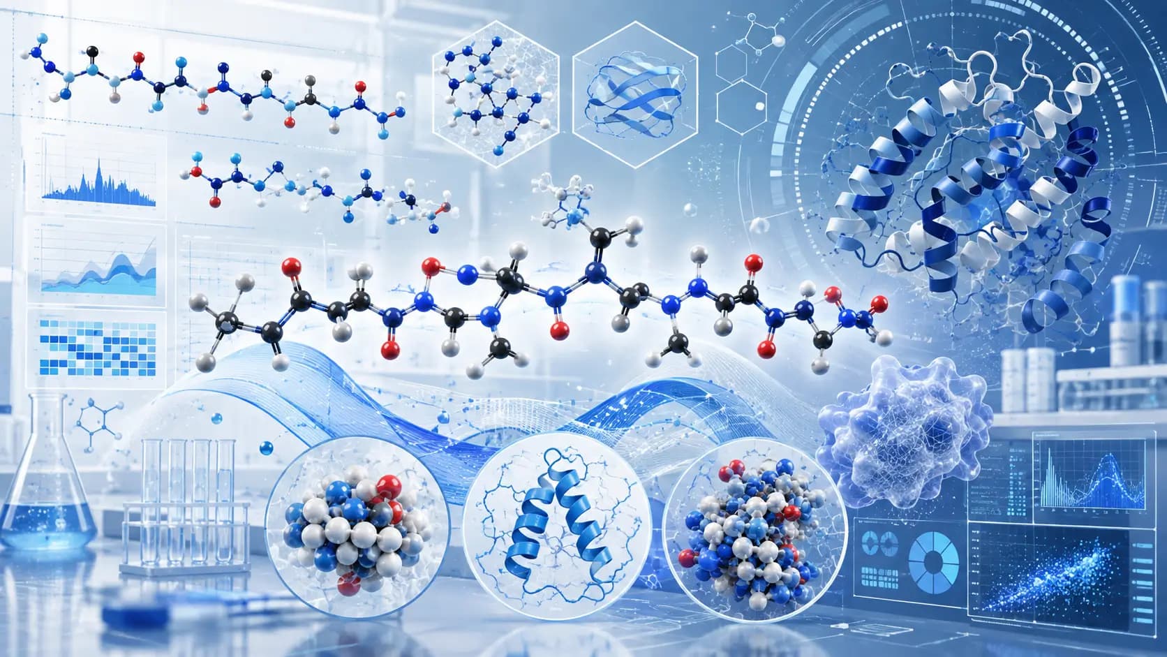 Illustration de recherche moléculaire sur les peptides Illustration de laboratoire bleue avec modèles moléculaires de peptides, protéines, verrerie et écrans de données