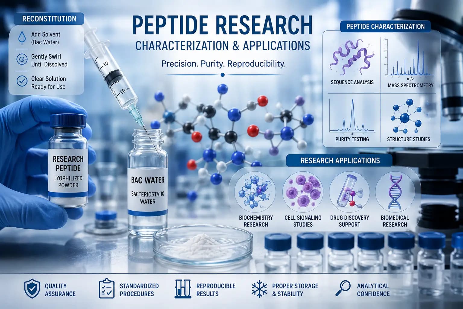 Laboratory infographic with peptide vials, bac water, syringe, molecular model, and research analysis panels Laboratory infographic with peptide vials, bac water, syringe, molecular model, and research analysis panels