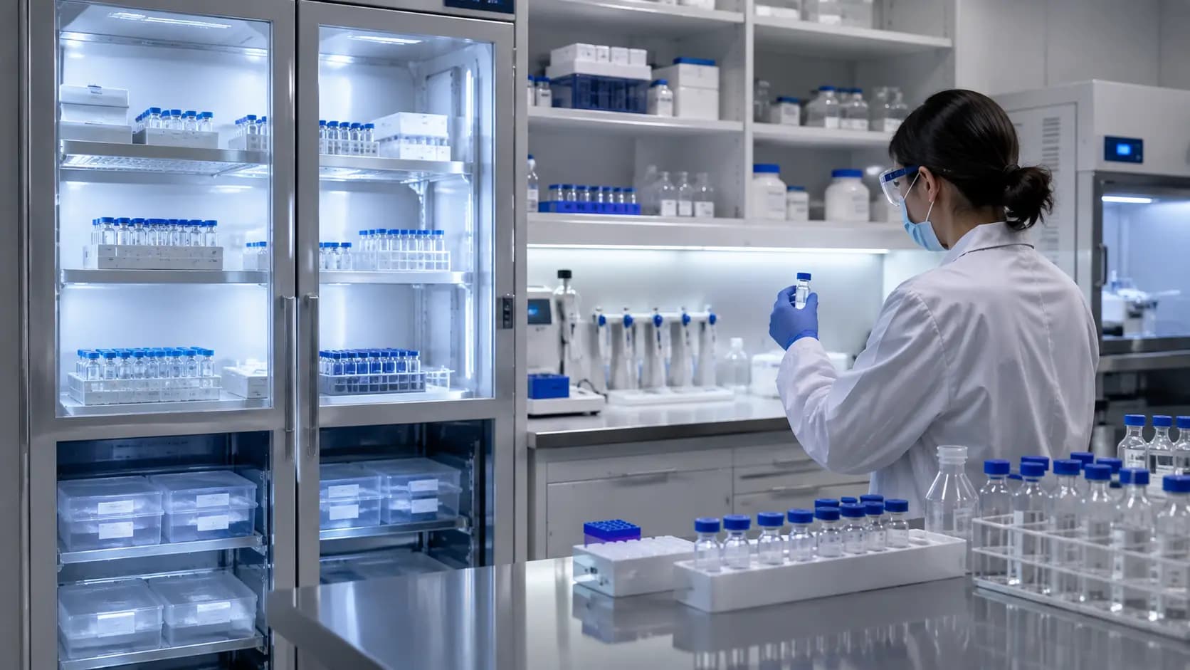 Manipulation de flacons en laboratoire de peptides Technicienne de laboratoire tenant un flacon à bouchon bleu près d’armoires réfrigérées et de portoirs d’échantillons