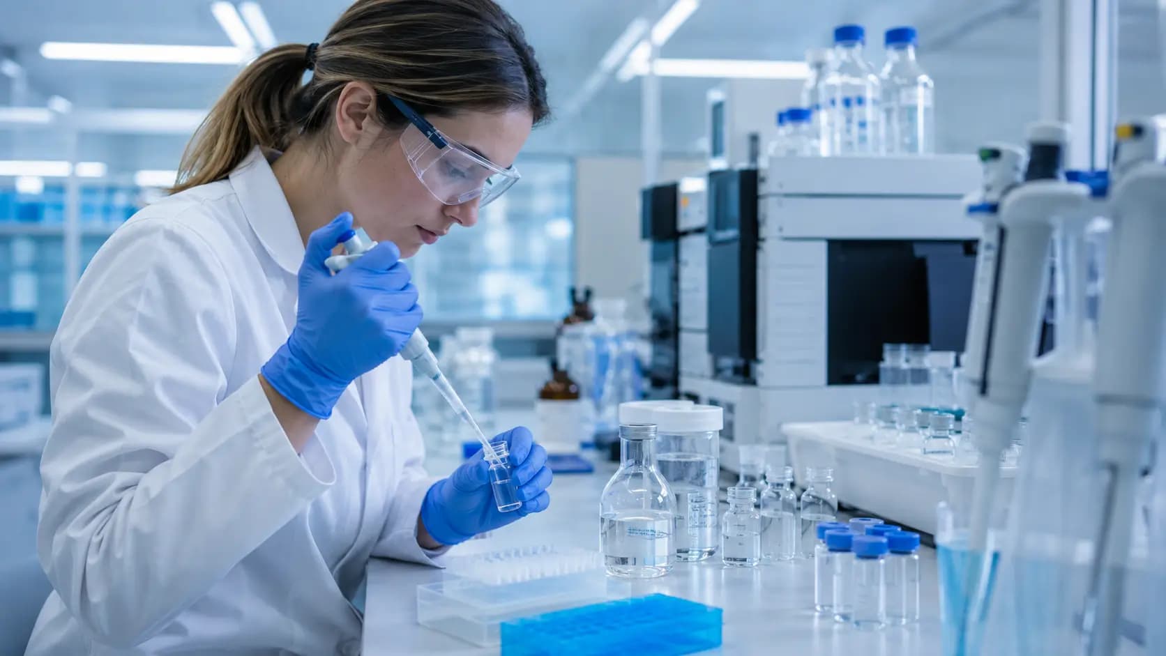 Installation de laboratoire pour peptides | Peptide Researches Chercheuse en laboratoire avec lunettes de protection et gants bleus, pipetant un liquide dans un petit flacon près de bouteilles en verre