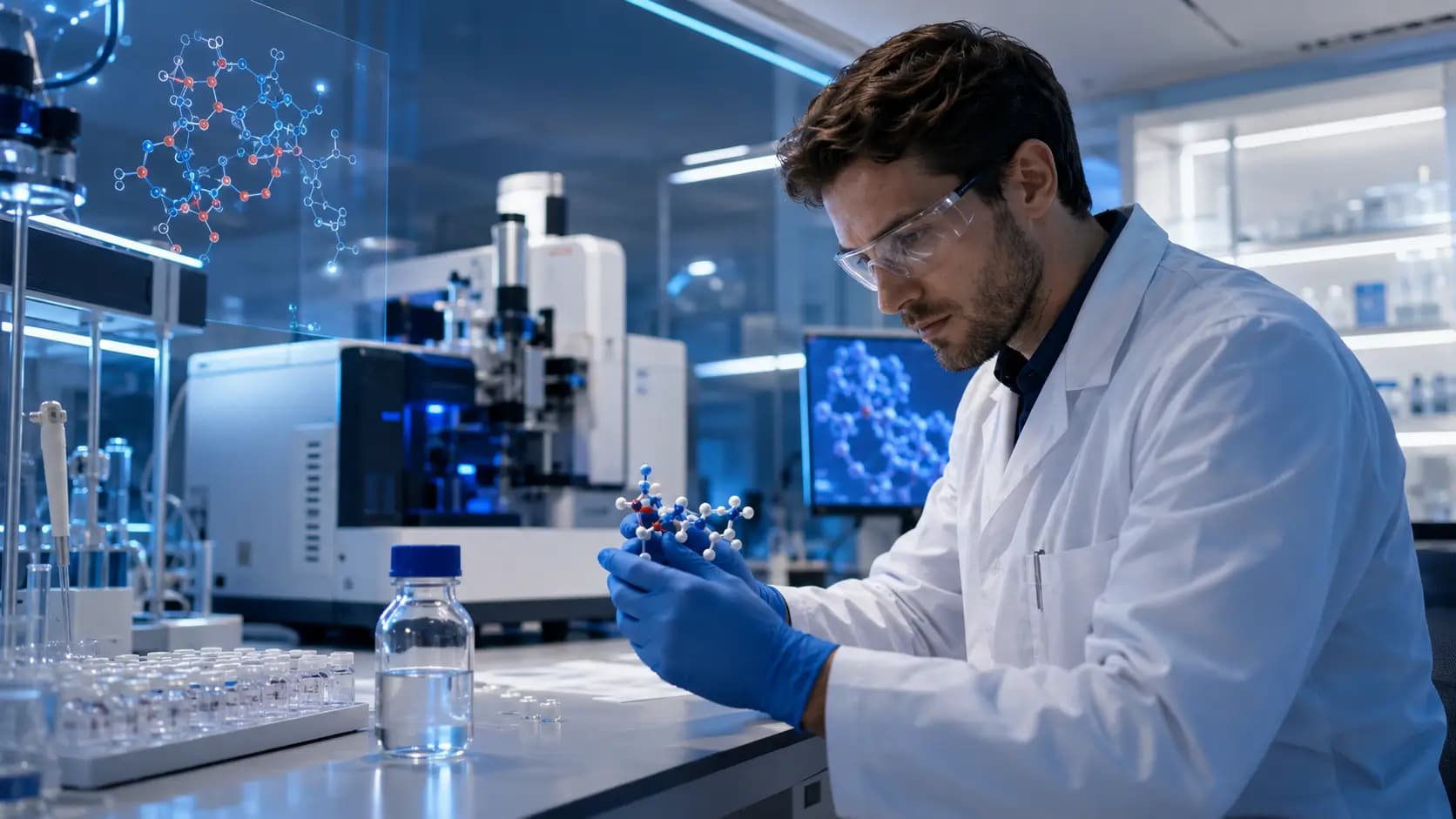 Avancées récentes de la recherche sur les peptides en laboratoire Chercheur en laboratoire portant des lunettes de protection et examinant un modèle moléculaire près d’appareils d’analyse