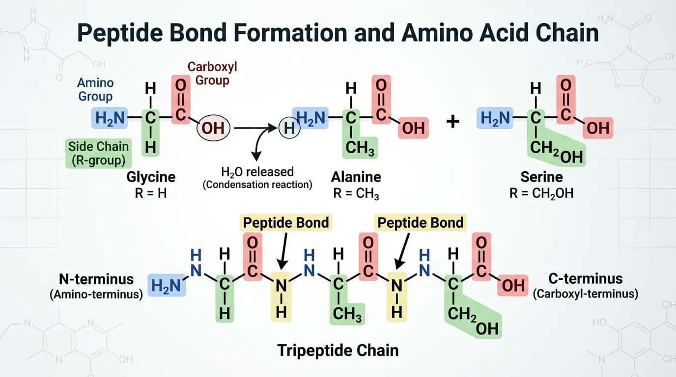 Peptide Therapy Amino Acid Chain and Peptide Bond Diagram Labeled molecular diagram of an amino acid chain forming peptide bonds, illustrating the structural basis of peptide therapy research compounds