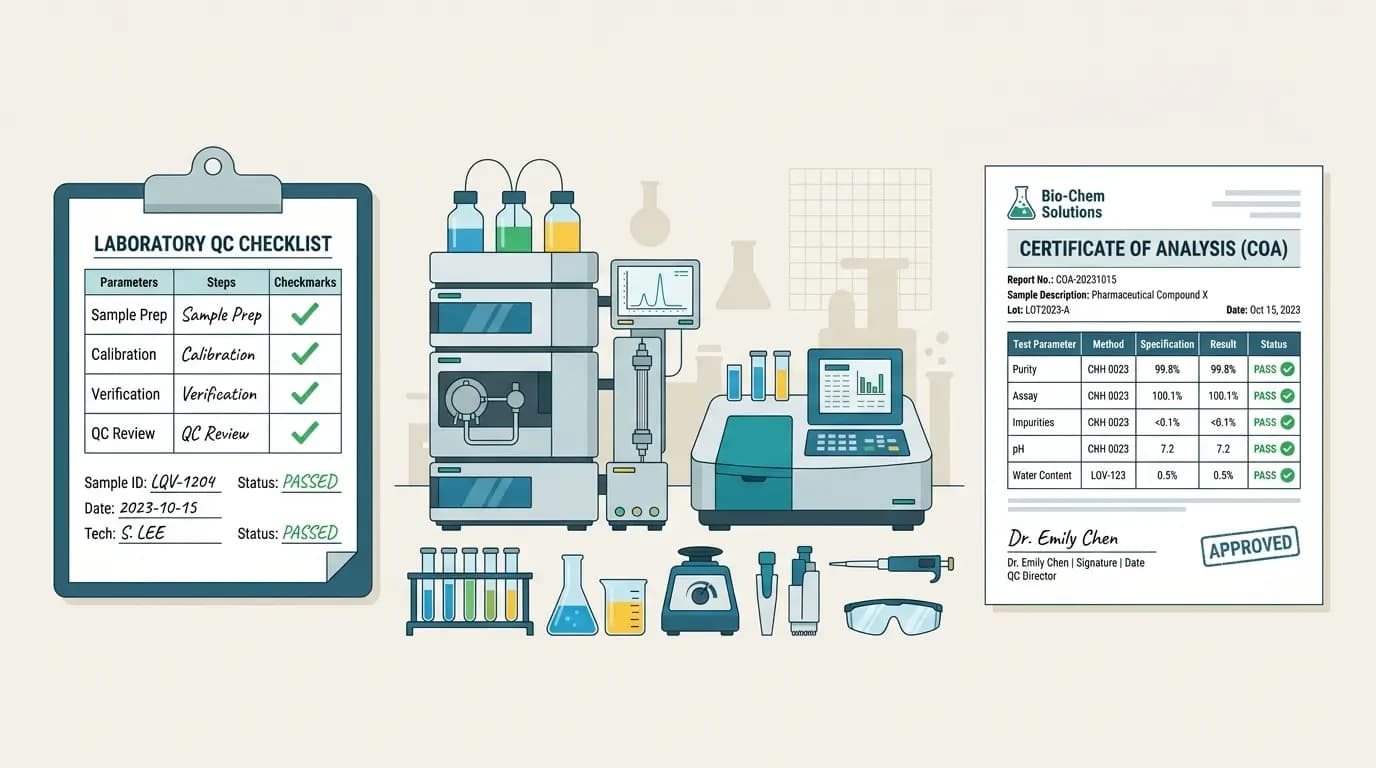 Peptide Therapy Research Safety and Product Quality Considerations Flat illustration of laboratory analytical testing and quality documentation representing safety and quality considerations in peptide therapy research compound sourcing