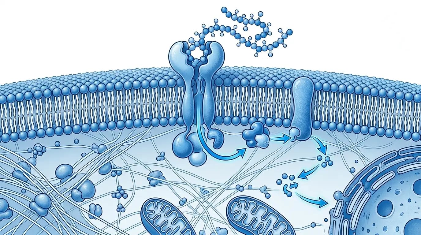 Peptide Therapy Receptor Binding and Intracellular Signaling Diagram Scientific diagram showing a peptide therapy compound binding to a cell surface receptor and initiating an intracellular signaling cascade in a controlled research model