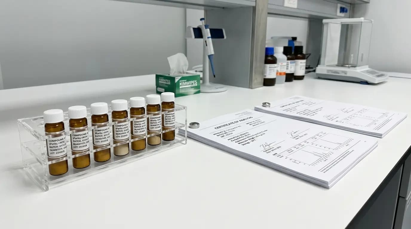 Peptide Therapy Research Compound Sourcing and COA Documentation Laboratory research vials and certificate of analysis documents representing compliant peptide therapy research compound sourcing and analytical verification at Peptide Researches