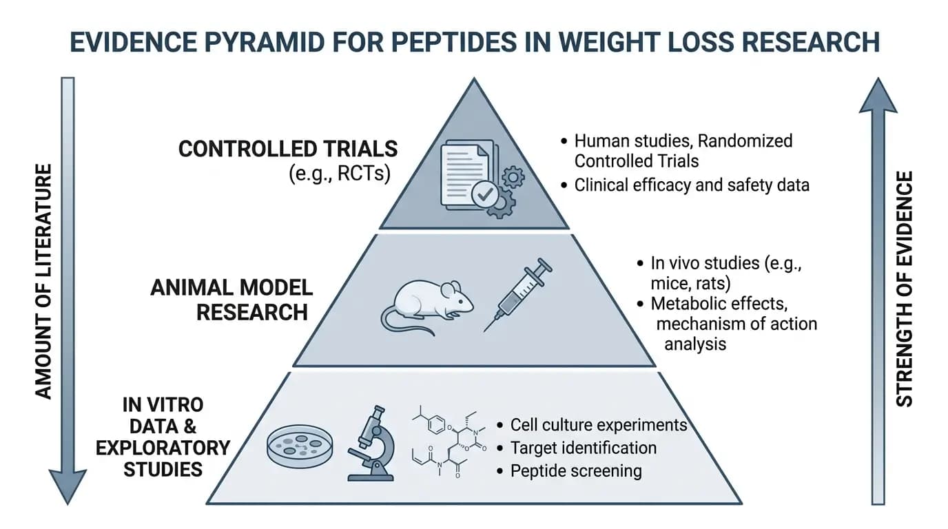 Peptides for Weight Loss Evidence Pyramid Research Framework Evidence pyramid diagram illustrating the hierarchy of research quality for peptides for weight loss, from in vitro data to controlled investigational trials, for educational reference
