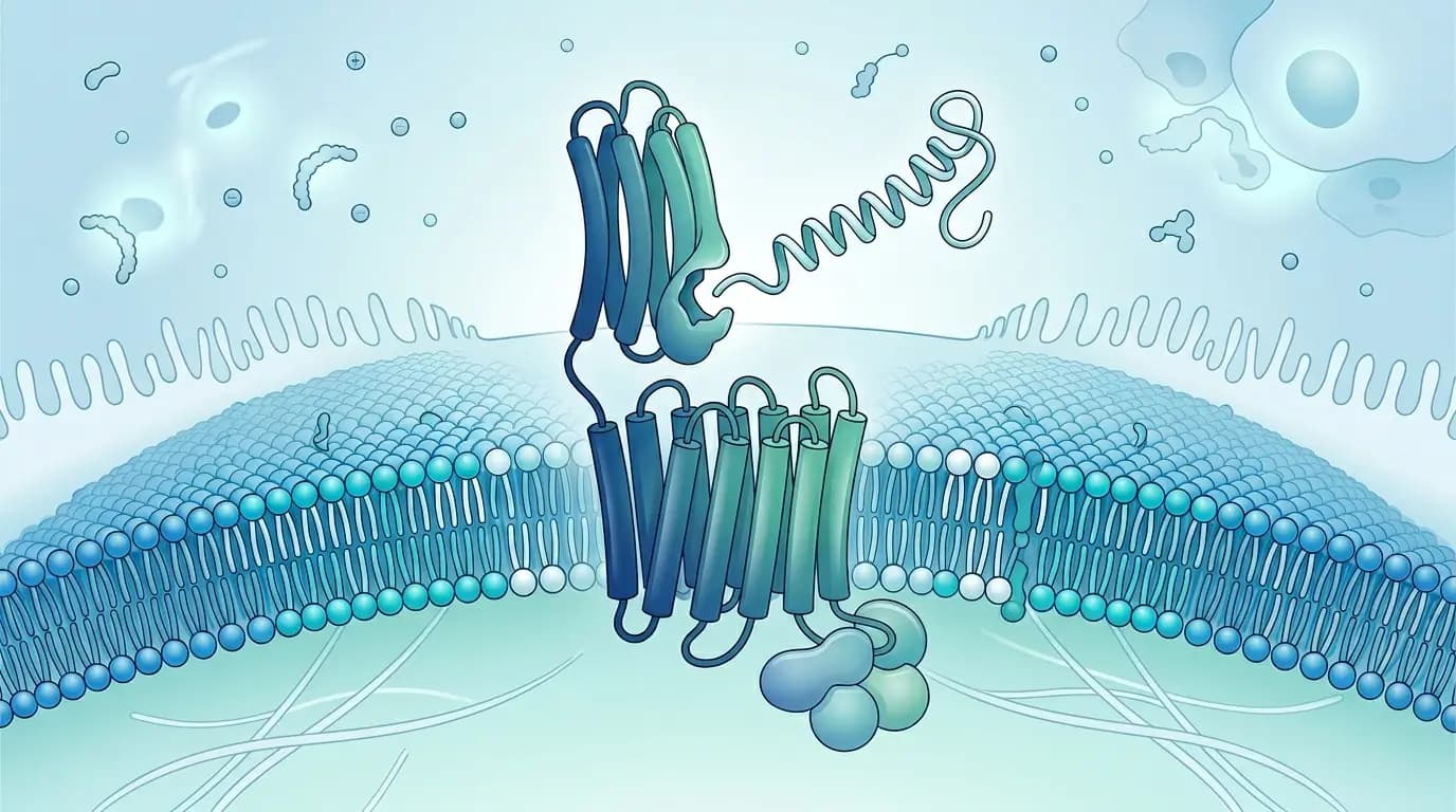 Scientific illustration of a GLP-1 receptor agonist peptide compound engaging a cell surface receptor, representing peptides for weight loss research in a laboratory model