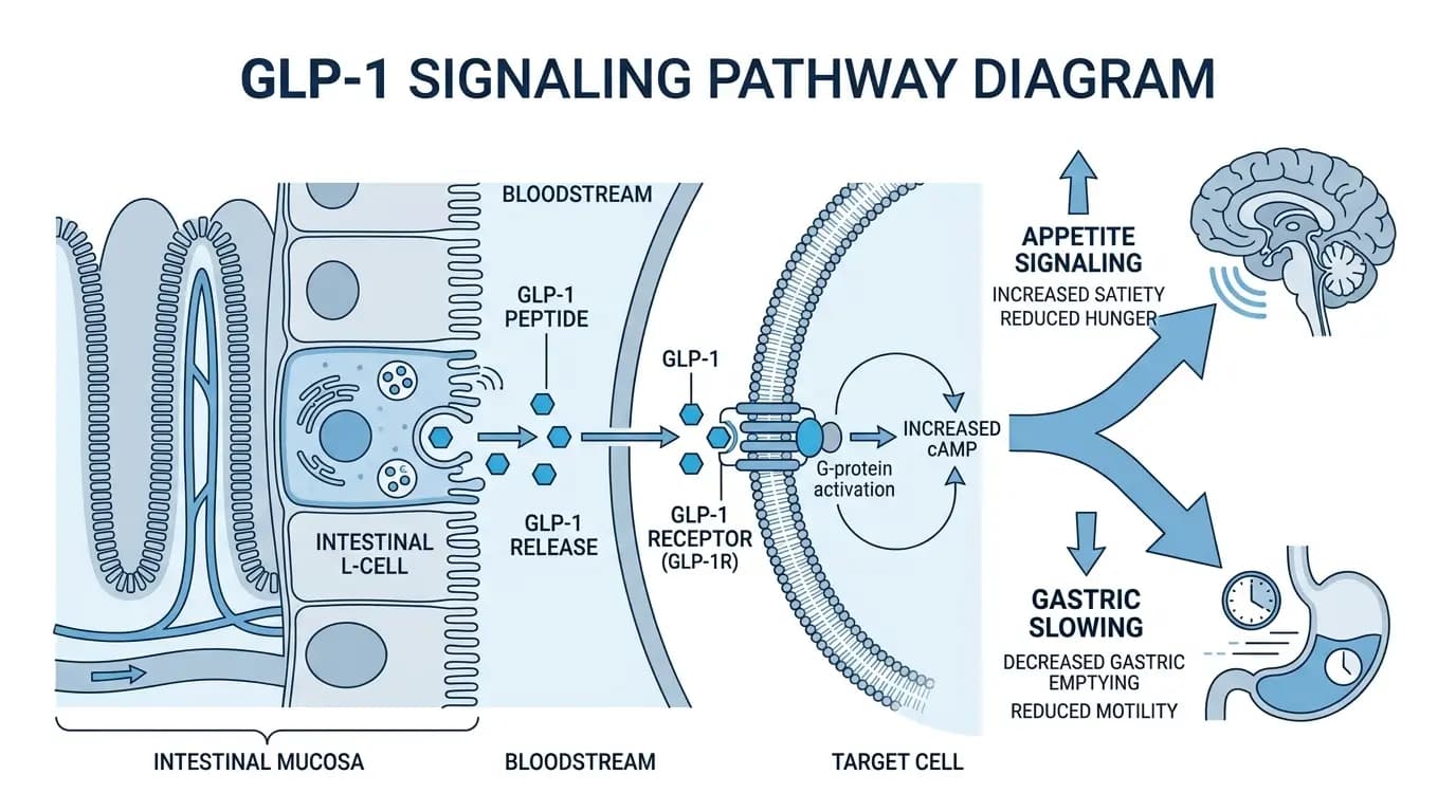 Peptides for Weight Loss GLP-1 Signaling Pathway Mechanism Diagram Scientific diagram of the GLP-1 signaling pathway showing how peptides for weight loss research compounds interact with receptors to modulate appetite and gastric emptying in a laboratory model