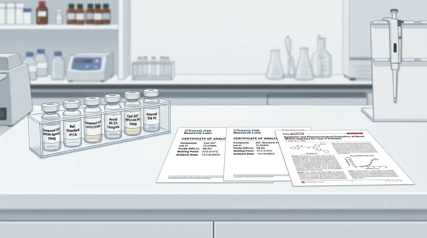 Peptides for Weight Loss Research Sourcing COA and Documentation Standards Laboratory vials and certificate of analysis documents representing research-grade peptides for weight loss study sourcing, analytical verification, and documentation standards at Peptide Researches
