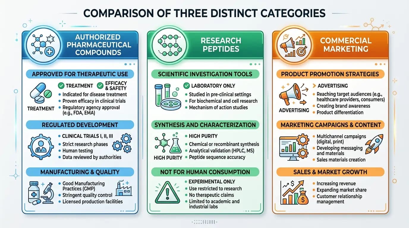 Peptides for Weight Loss Three Category Classification Diagram Conceptual diagram distinguishing authorized pharmaceutical compounds, research peptides, and commercial marketing language in the context of peptides for weight loss research