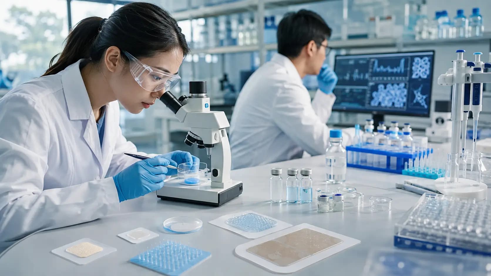 Laboratoire de recherche sur la formulation de patchs GLP-1 Des chercheurs en laboratoire examinent des échantillons près d’un microscope, de flacons, de pipettes et de matériaux ressemblant à des patchs.