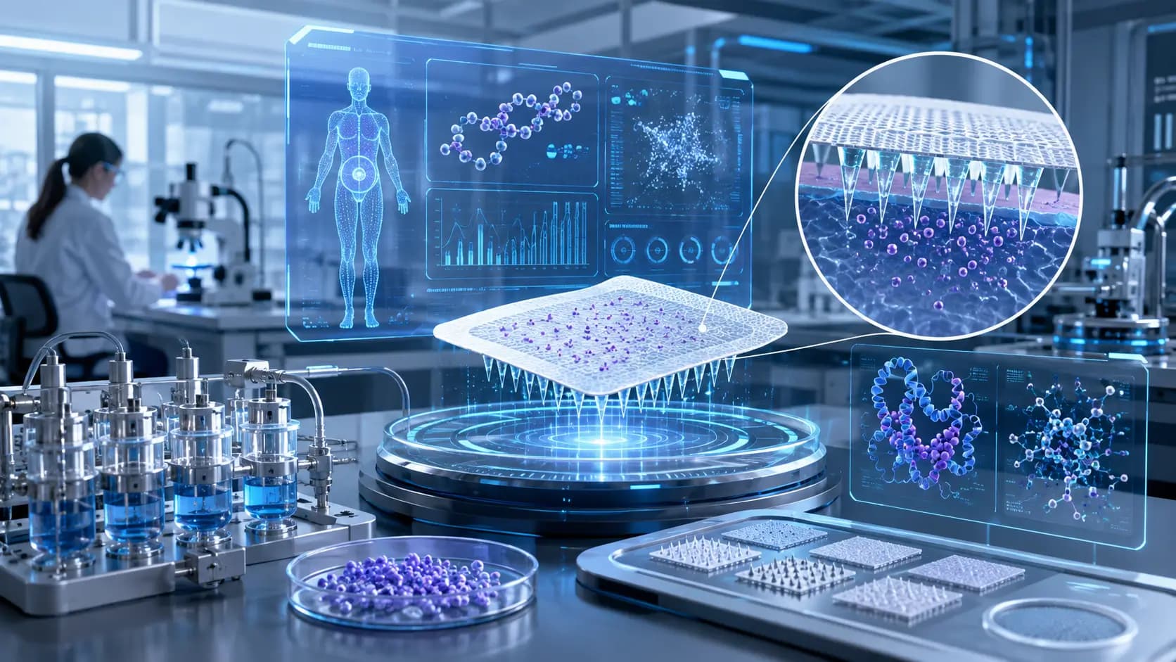 Innovation dans la recherche sur les patchs à micro-aiguilles GLP-1 Illustration de laboratoire d’un patch à micro-aiguilles avec écrans moléculaires et matériel de recherche