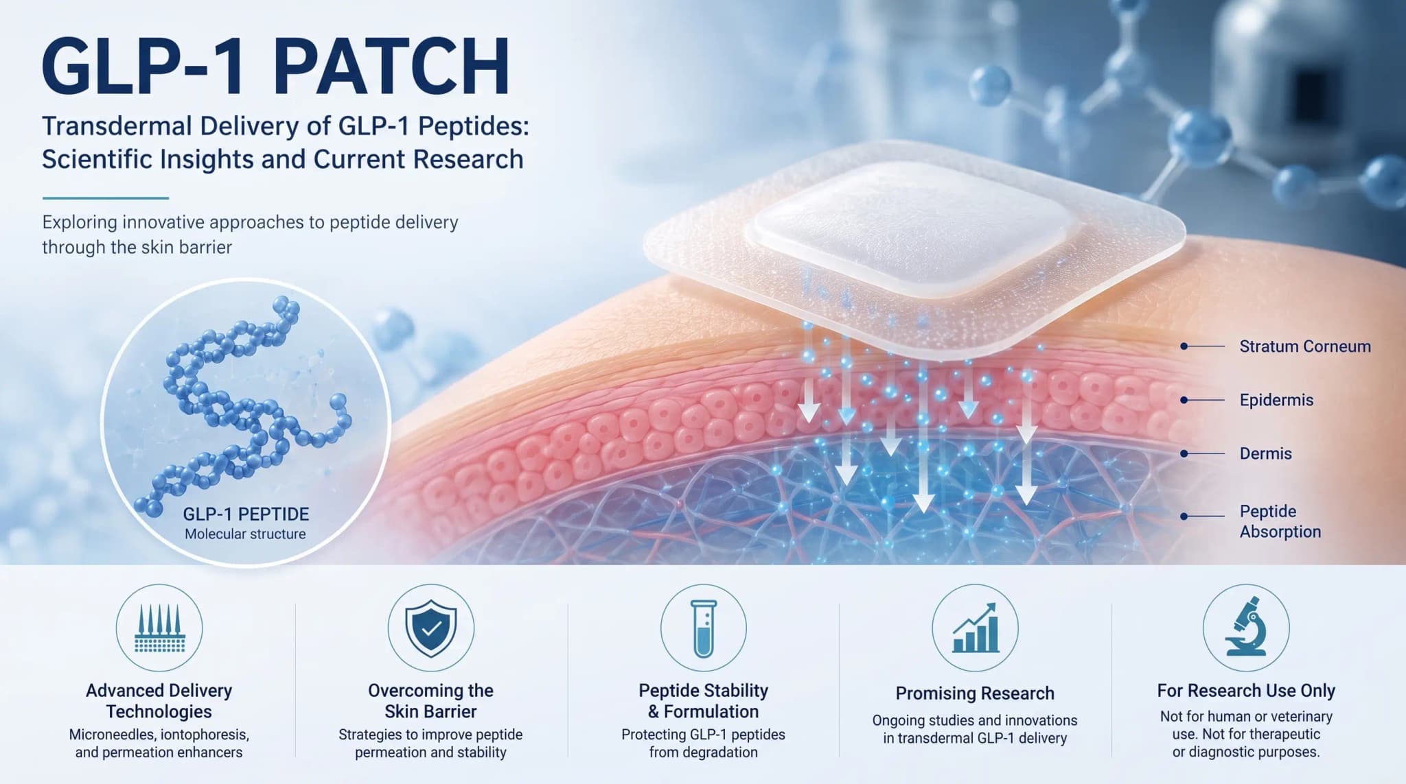 GLP-1 patch research infographic showing a skin cross-section, molecular model, and downward arrows