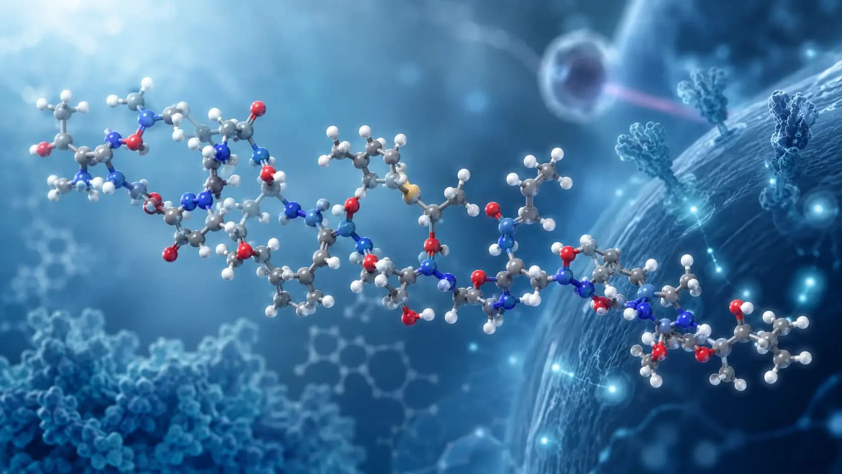 Illustration moléculaire du GLP-1 Modèle moléculaire en boules et bâtonnets sur fond cellulaire bleu avec des structures lumineuses évoquant des protéines