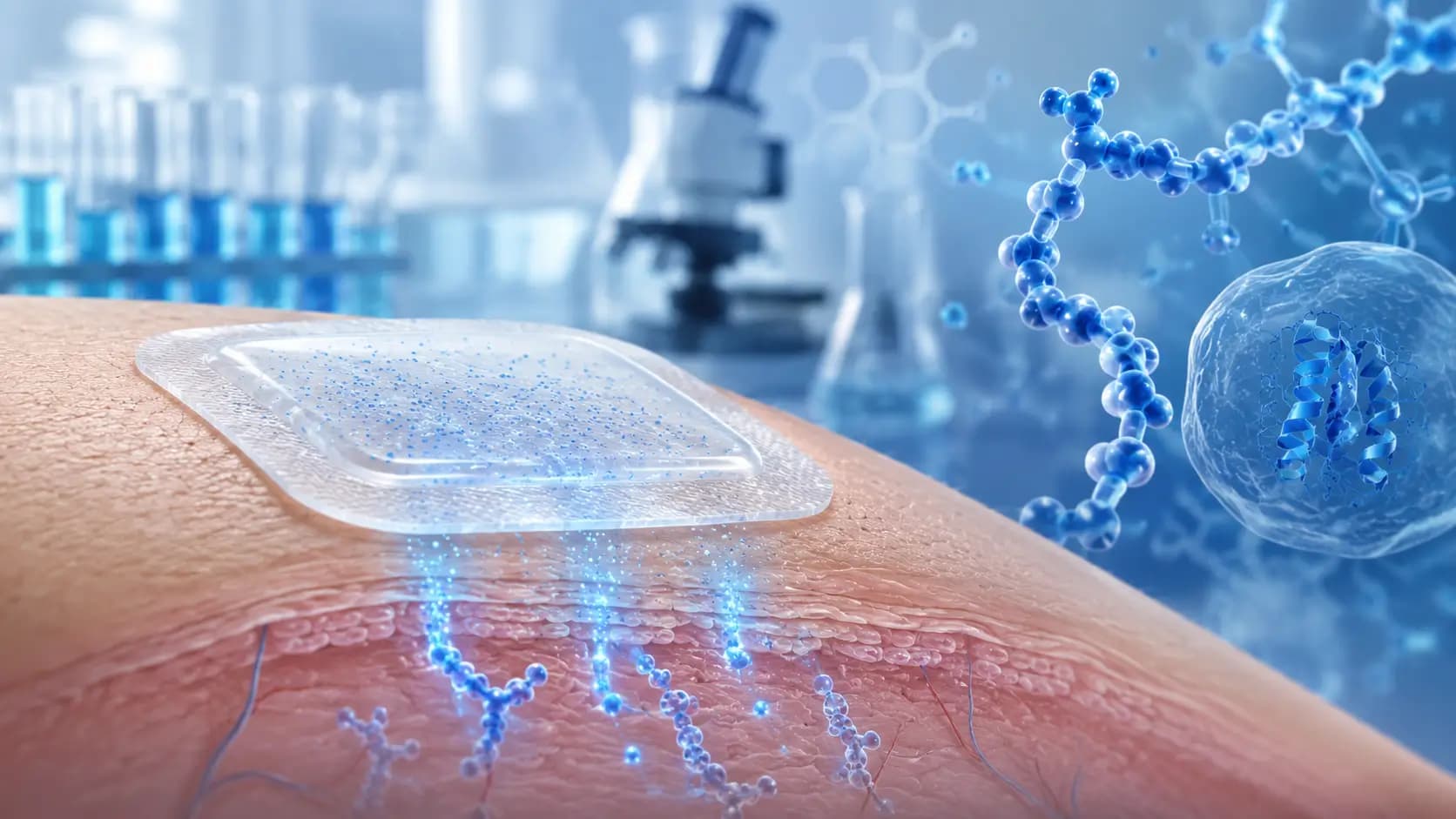 Recherche sur la structure moléculaire du peptide GLP-1 Illustration scientifique d’un patch transparent sur la peau, avec des molécules peptidiques bleues et du matériel de laboratoire