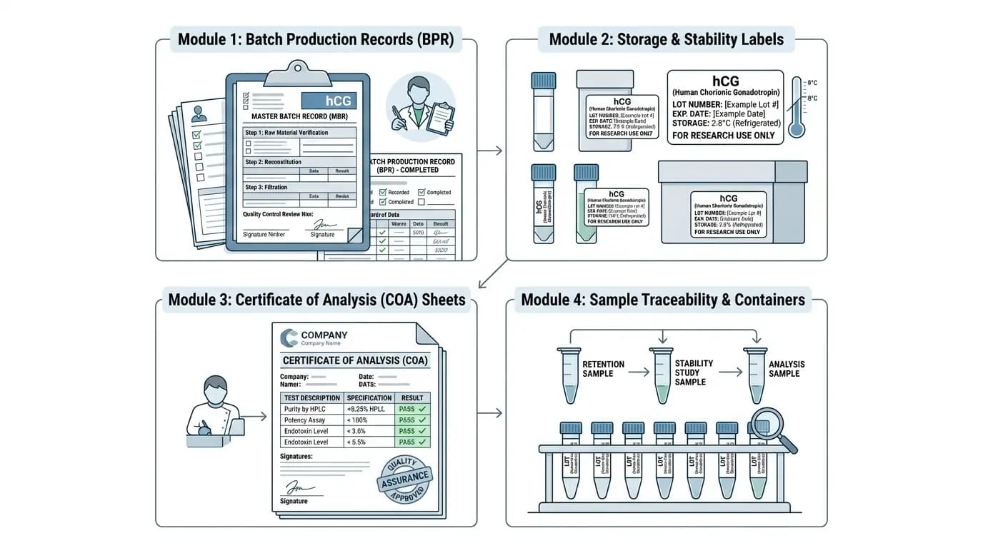 HCG Peptide Documentation and Positioning Illustrated HCG peptide batch records and compliance labeling
