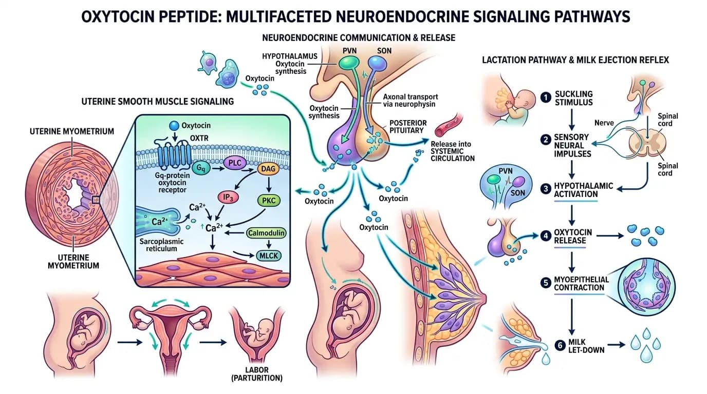 Main Functions of Oxytocin Peptide Oxytocin Peptide educational visual showing reproductive signaling and broader physiological roles