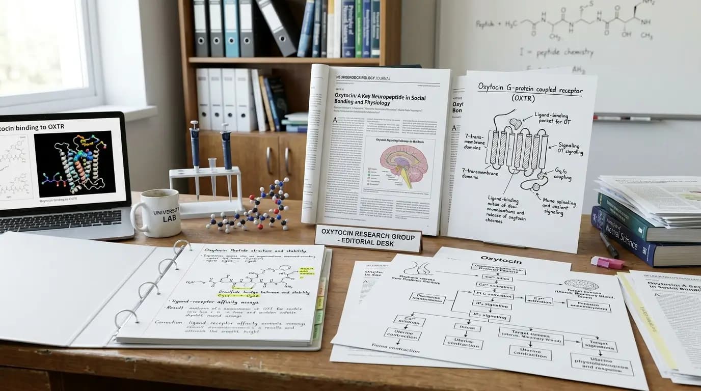 Oxytocin Peptide Research Landscape Oxytocin Peptide research scene with papers, pathway diagrams, and scientific notes