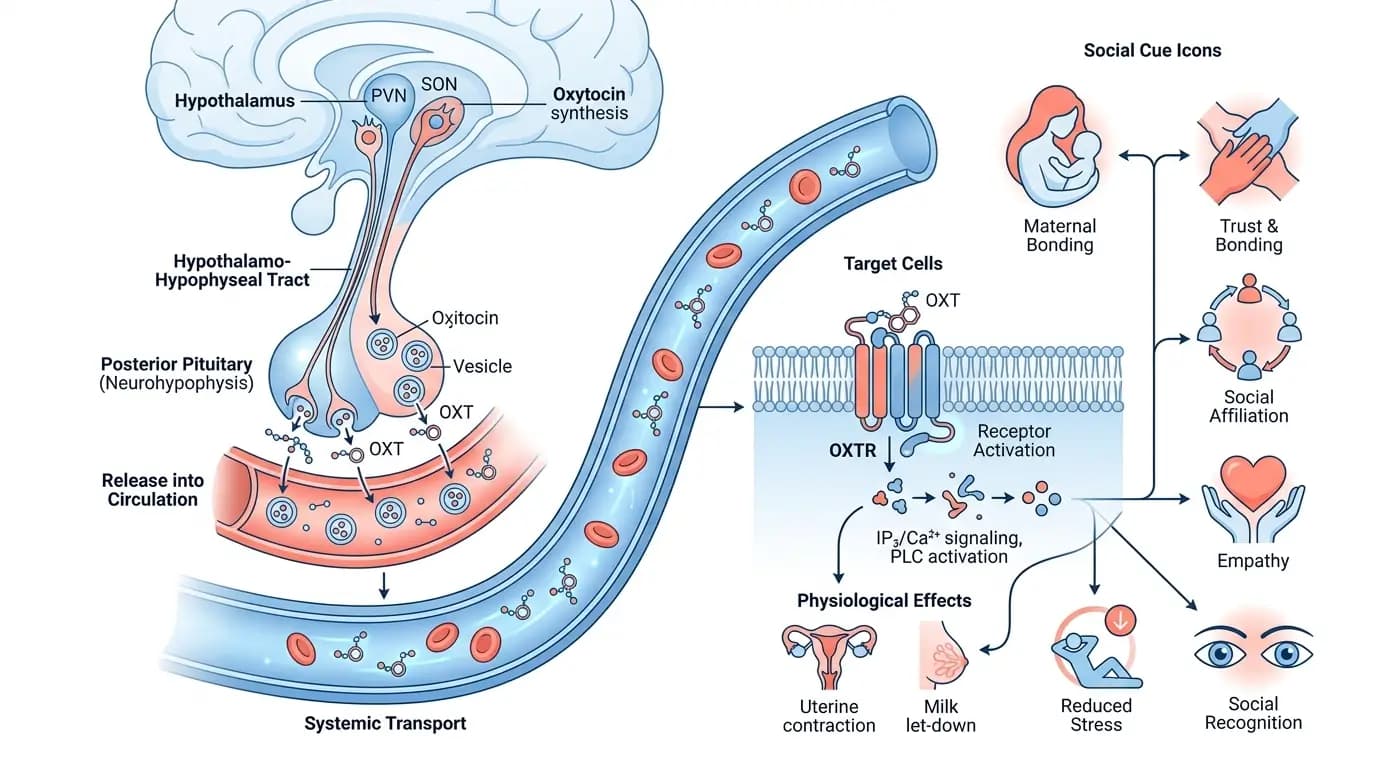 Oxytocin Peptide illustration showing hypothalamus, posterior pituitary, and receptor signaling pathways