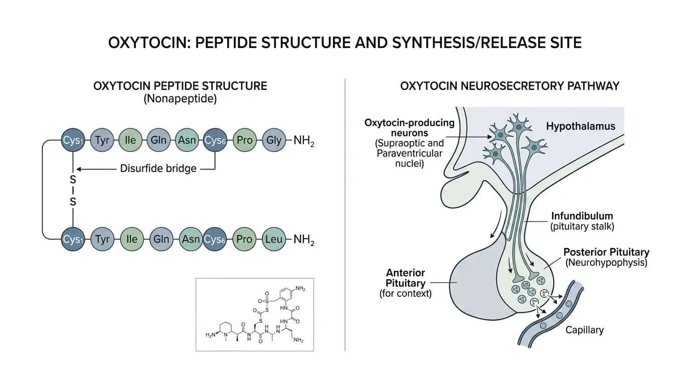 What Oxytocin Peptide Is Oxytocin Peptide scientific illustration showing peptide structure and hypothalamic origin