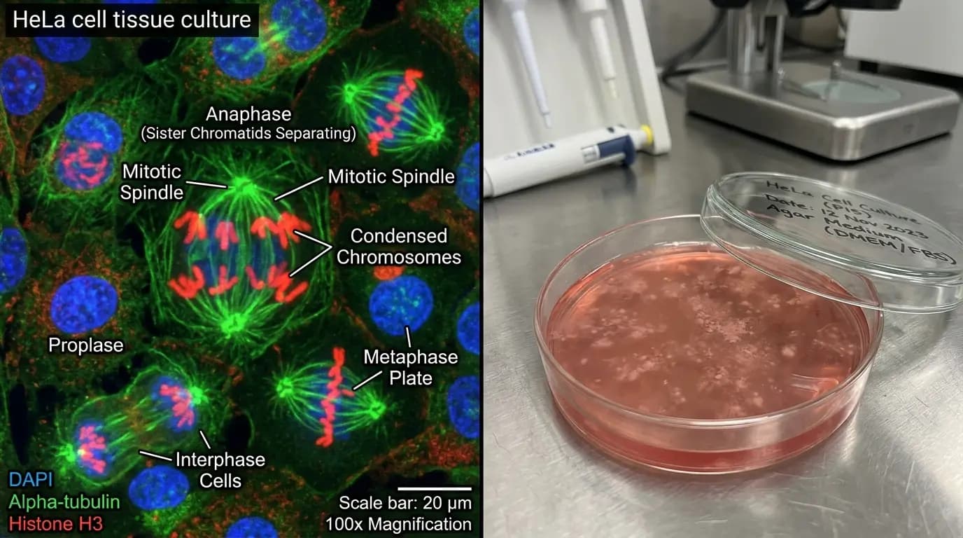 Cellular Proliferation Research with Vilon Microscopic view of cell division in a laboratory model studying vilon peptide.