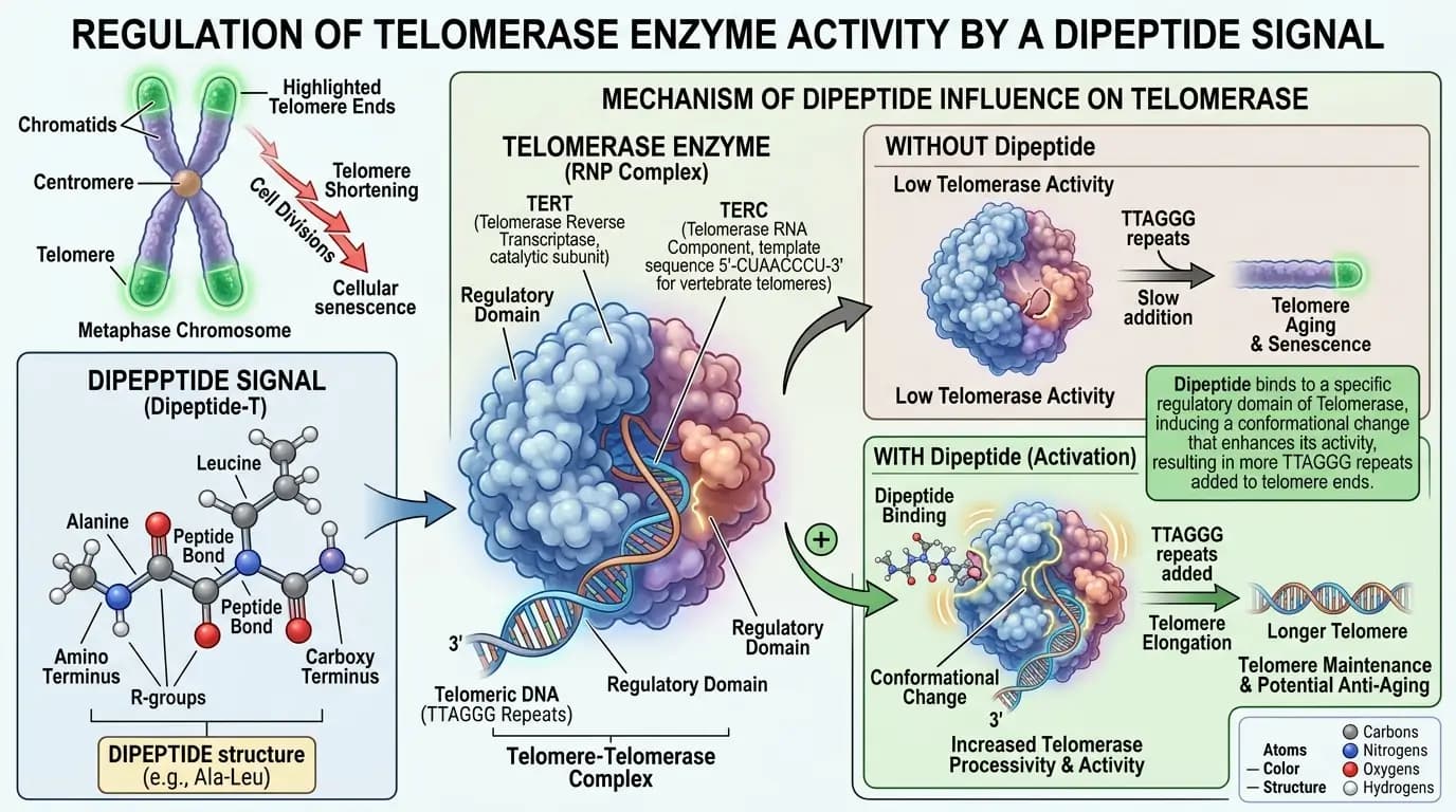 Longevity Research and Telomere Stability Scientific diagram of telomeres and vilon peptide influence on cellular longevity.