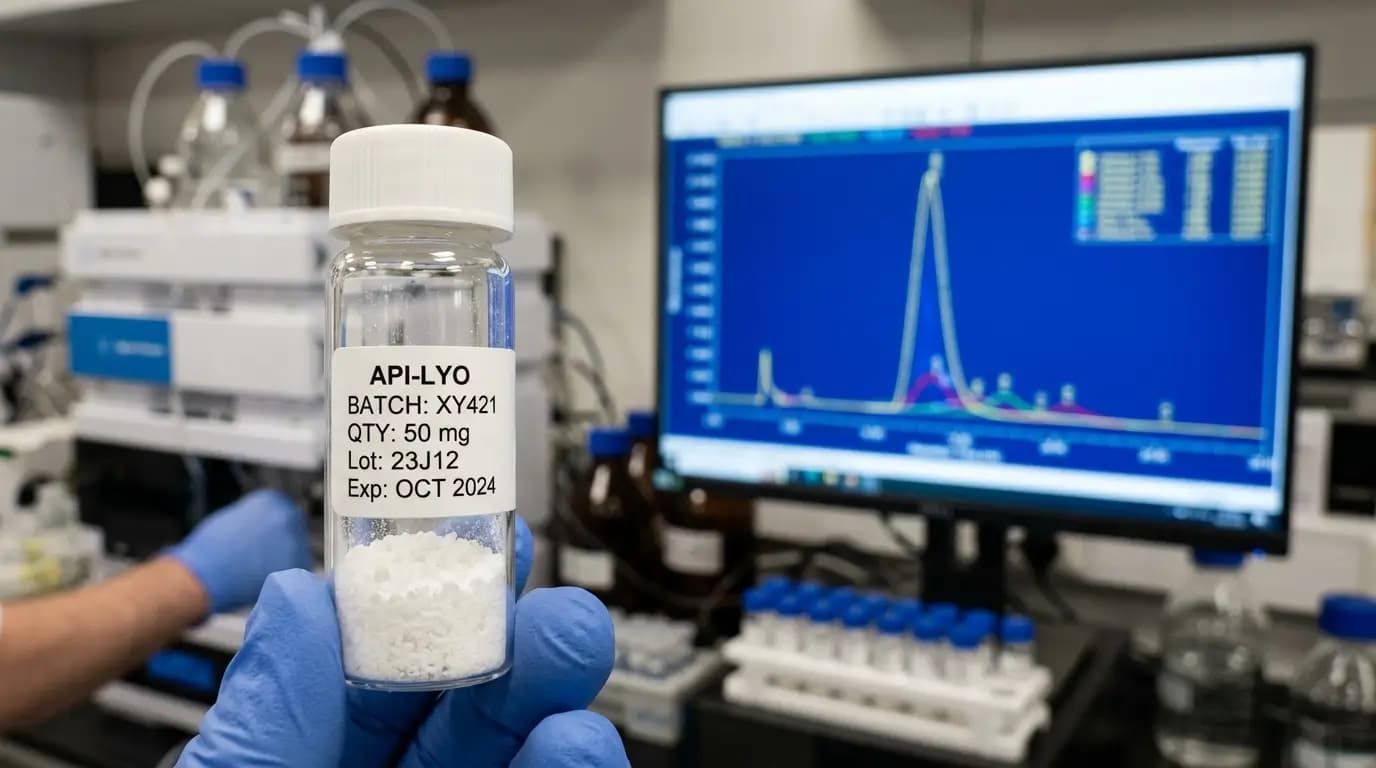Vilon Peptide Analytical Specifications A laboratory vial of vilon peptide powder with an HPLC purity analysis background.