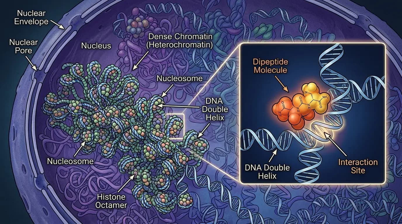 Vilon Peptide and Chromatin Interaction Illustration showing the interaction between vilon peptide and chromatin for gene expression research.