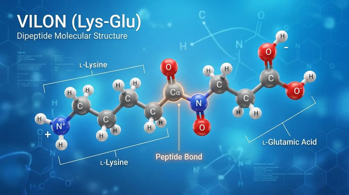 A 3D scientific model of the vilon peptide molecule used in laboratory research.