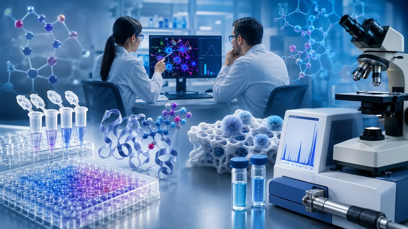 Peptide Research Applications in Laboratory Analysis Two scientists review molecular data in a blue-toned laboratory with a microscope, sample tubes, and instruments.