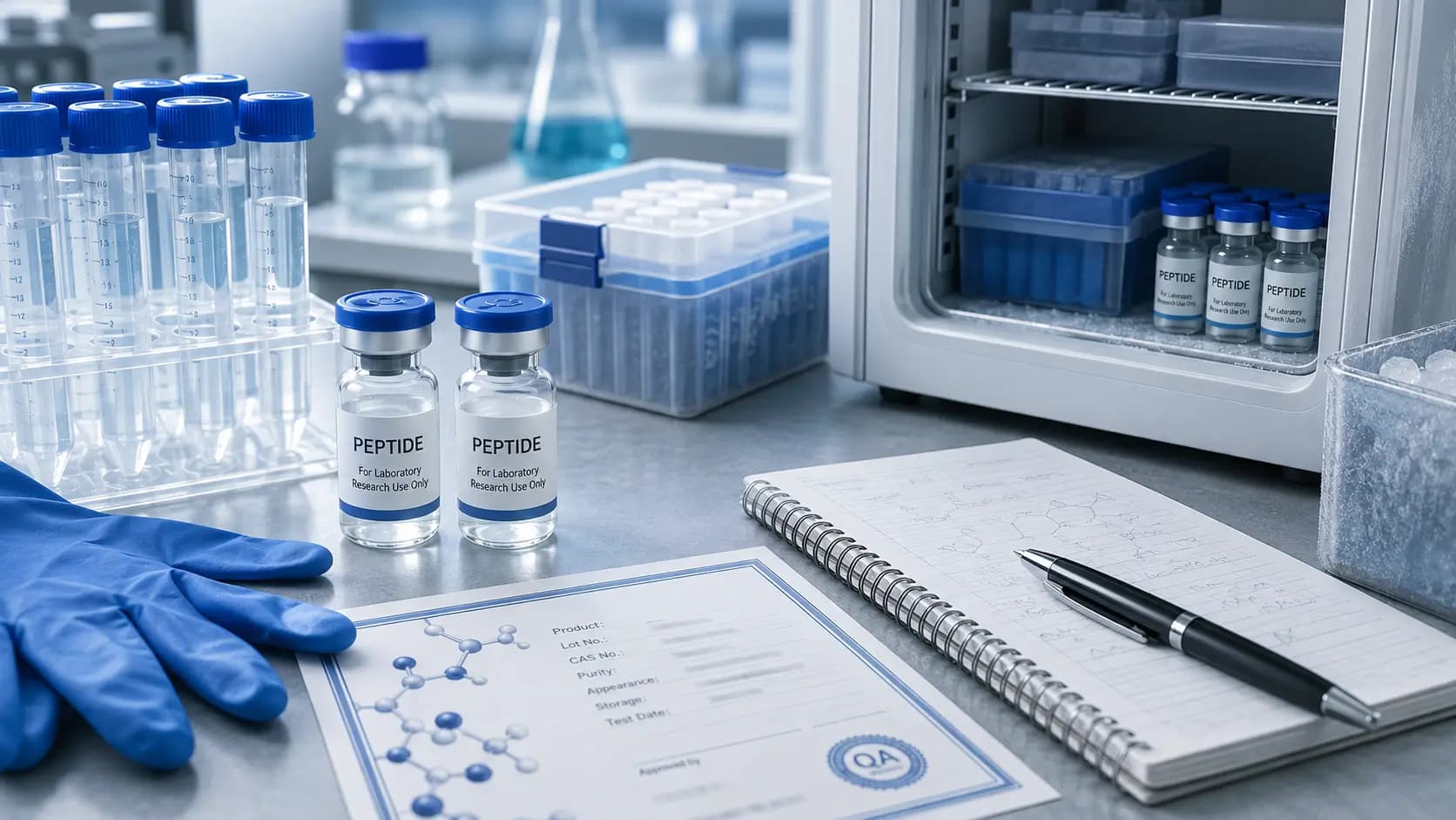 Peptide Research Handling and Storage | Peptide Researches Research vials, test tubes, gloves, documentation, and a refrigerated storage unit in a laboratory.