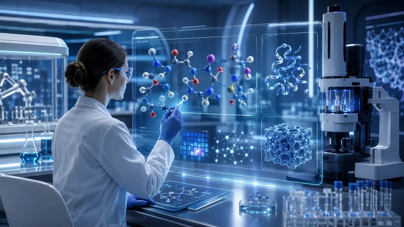 Molecular Analysis in Peptide Research Laboratory researcher viewing digital molecular structures beside analytical equipment and sample tubes