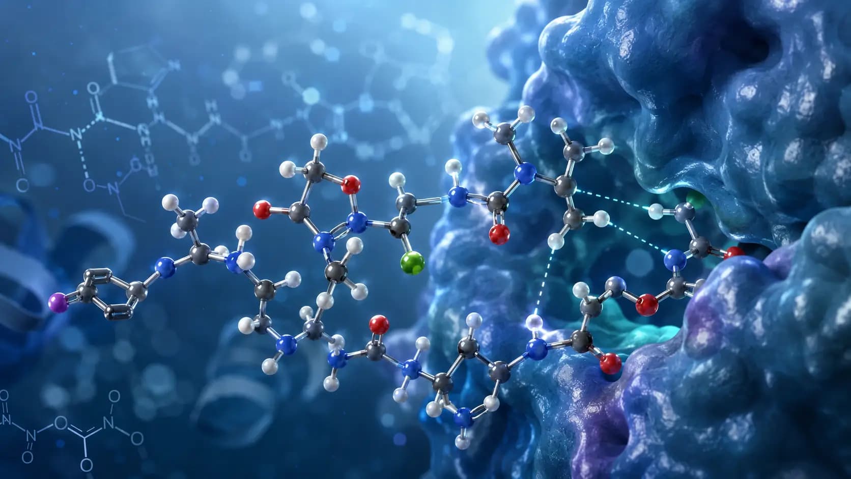 Peptide Structure and Molecular Binding 3D molecular model with dotted interaction lines beside a blue and purple protein surface
