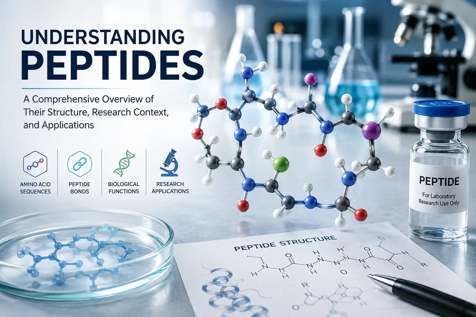 Peptide research overview graphic with molecular model, laboratory vial, glassware, and structure diagram