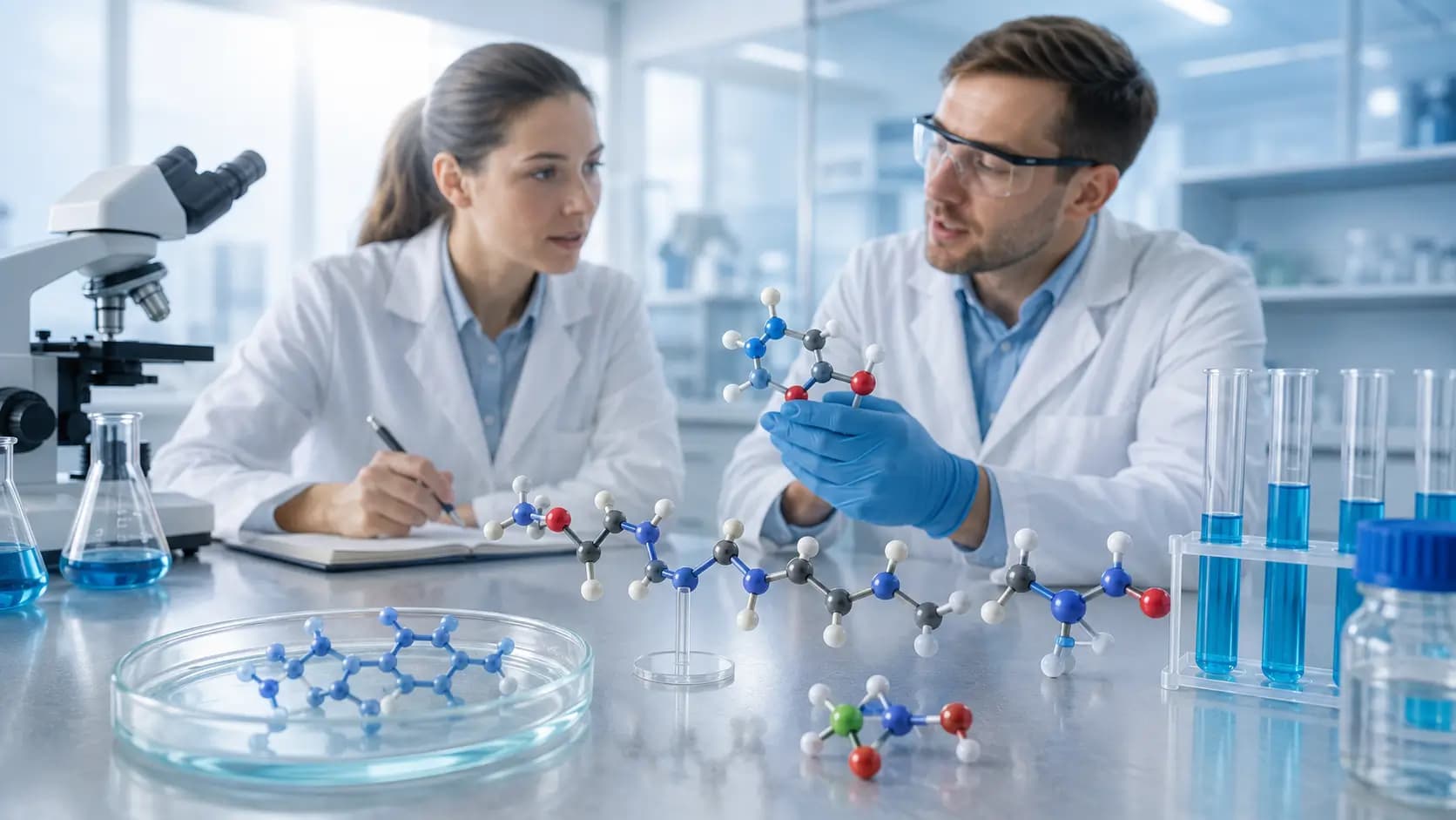 What Are Peptides? Laboratory Research Overview Two laboratory researchers examine molecular models beside a microscope, blue test tubes, and glassware.